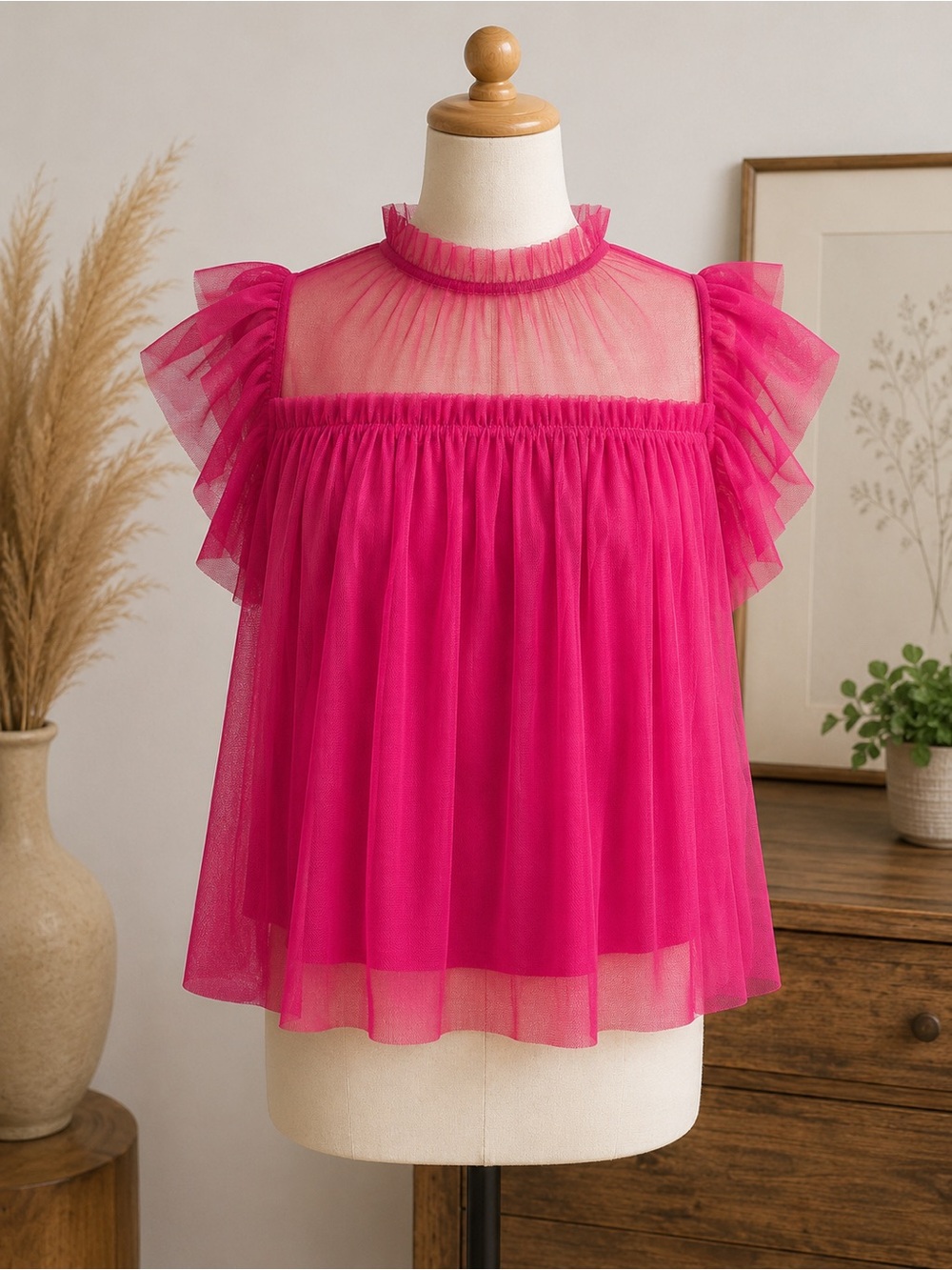 Hot Pink Sheer Mesh Ruffle Crop Top Barbiecore Coquette Top Statement Tulle